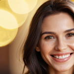 **

A portrait photograph using a wide aperture (f/1.8). Focus sharply on a beautiful woman smiling gently. The background should be softly blurred (bokeh) like melted butter. Emphasize the artistic, celebrity-style look.

**