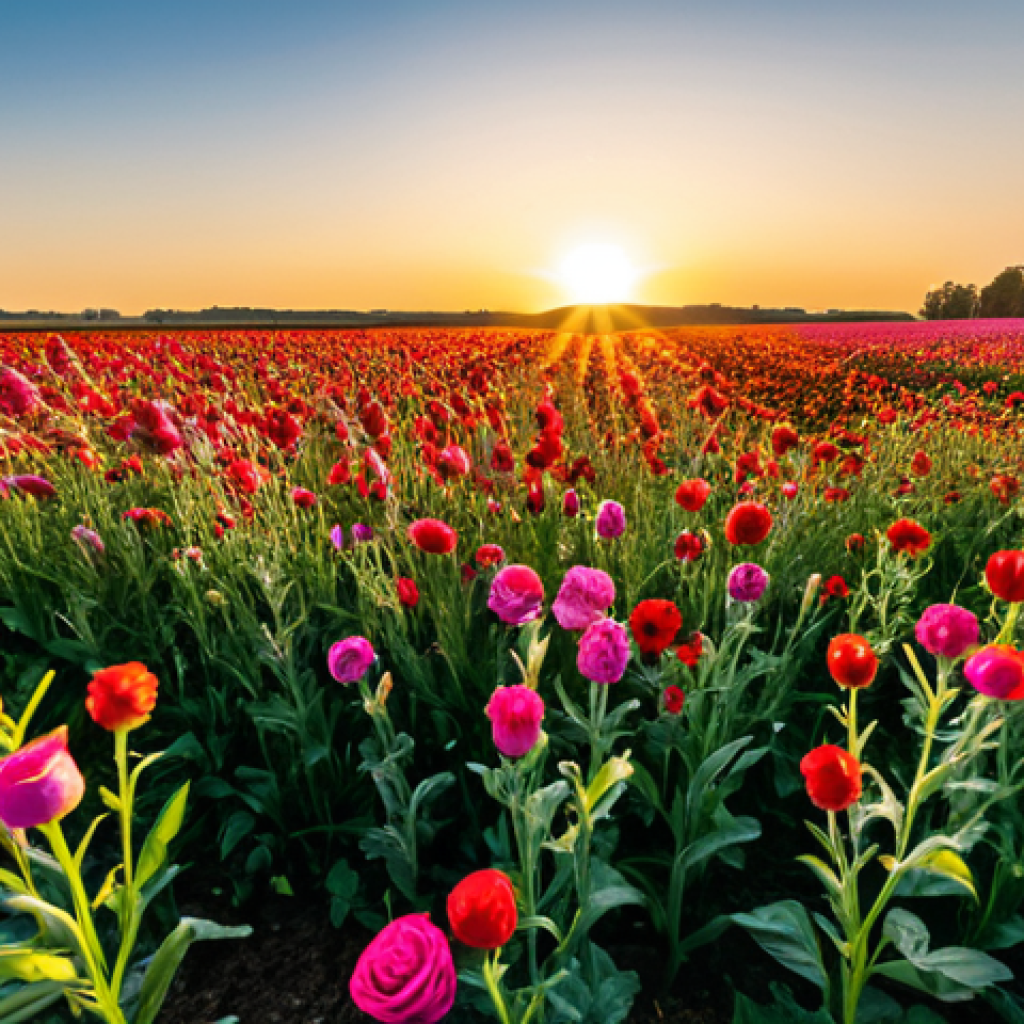 인스타그램 사진 촬영 - **Creative Composition:** "A vibrant flower field photographed from a low angle, emphasizing perspec...