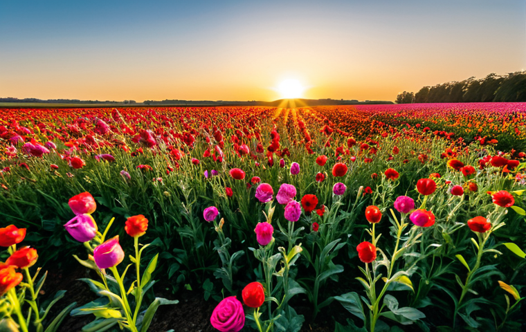인스타그램 사진 촬영 - **Creative Composition:** "A vibrant flower field photographed from a low angle, emphasizing perspec...
