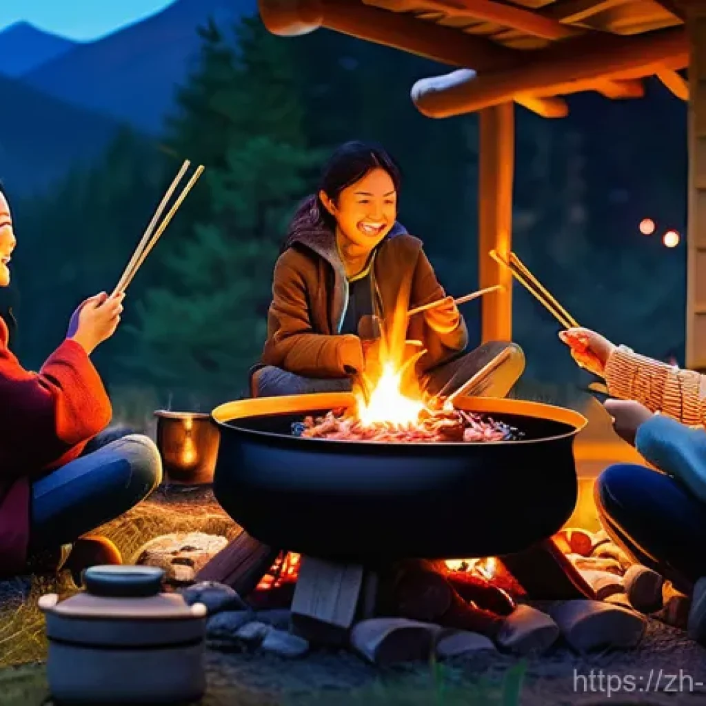캠핑 음식 레시피 - **Prompt for a Cozy Campfire Hot Pot Dinner:**
"A group of diverse friends and family, dressed i...