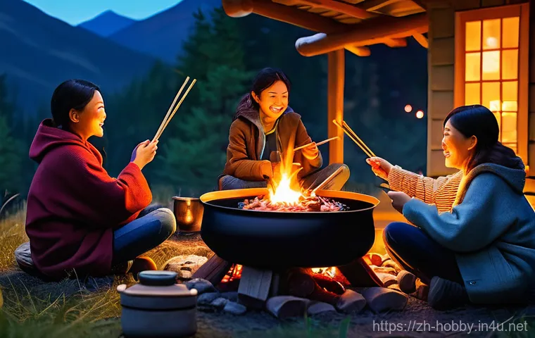 캠핑 음식 레시피 - **Prompt for a Cozy Campfire Hot Pot Dinner:**
    "A group of diverse friends and family, dressed i...