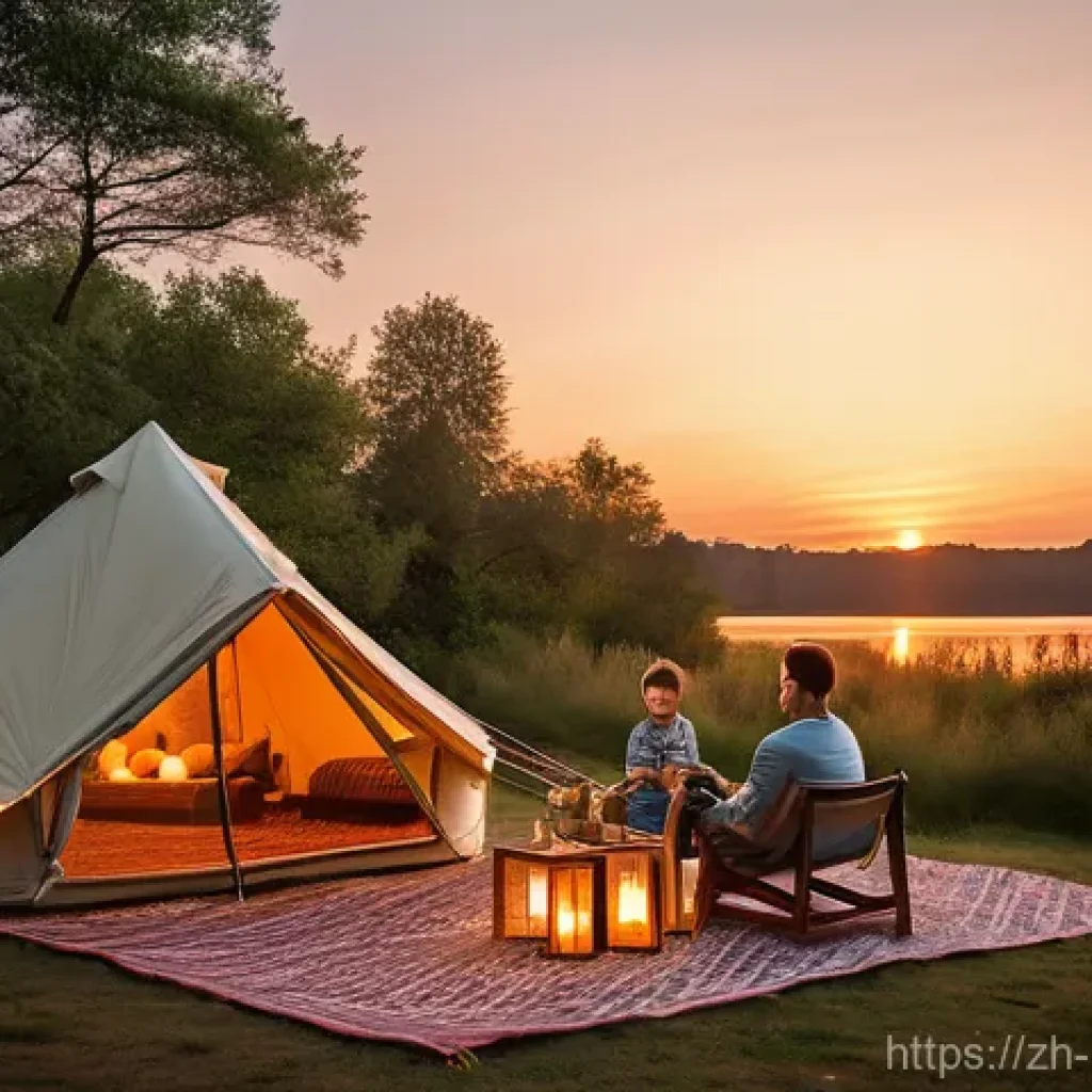캠핑 장비 추천 - **Prompt:** A cozy and inviting glamping campsite at sunset. A stylish, large canvas bell tent stand...