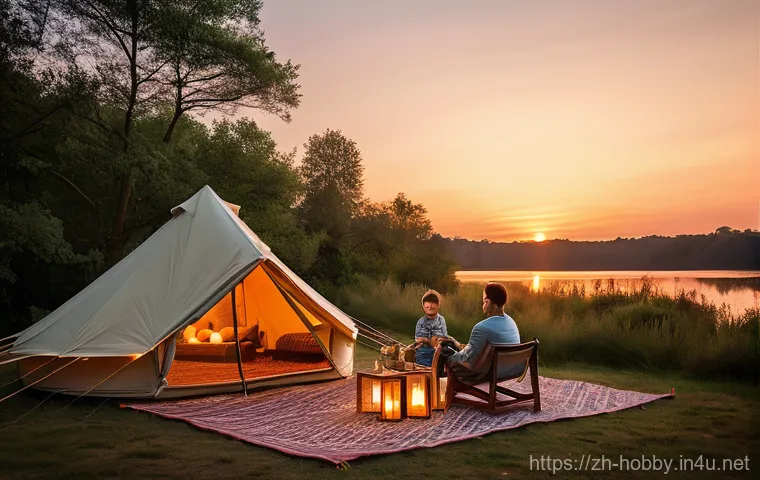 캠핑 장비 추천 - **Prompt:** A cozy and inviting glamping campsite at sunset. A stylish, large canvas bell tent stand...