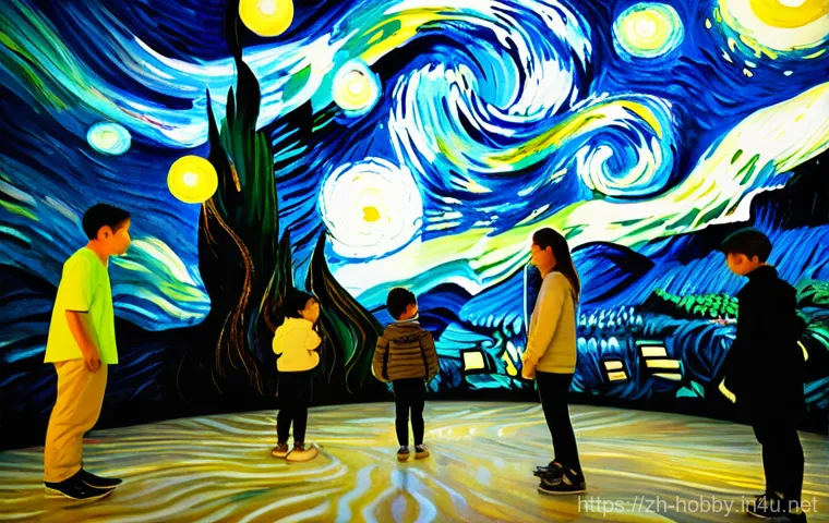 현대 미술 작품 - **Immersive Van Gogh Starry Night Experience**
    A group of diverse people, including adults and c...