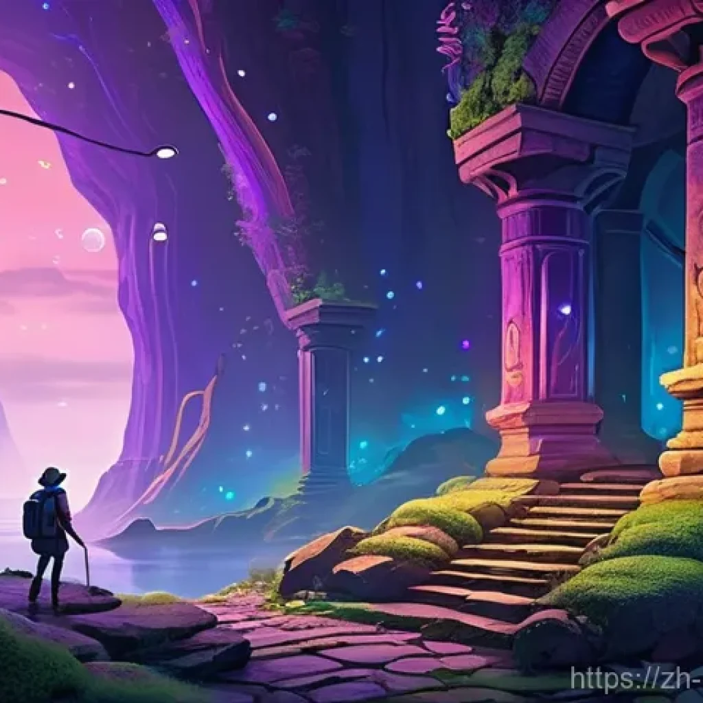 디지털 아트 작품 - **Prompt:** A vibrant and whimsical digital painting depicting a fantastical, overgrown ancient city...