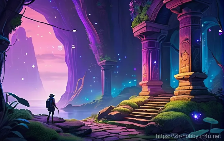 디지털 아트 작품 - **Prompt:** A vibrant and whimsical digital painting depicting a fantastical, overgrown ancient city...