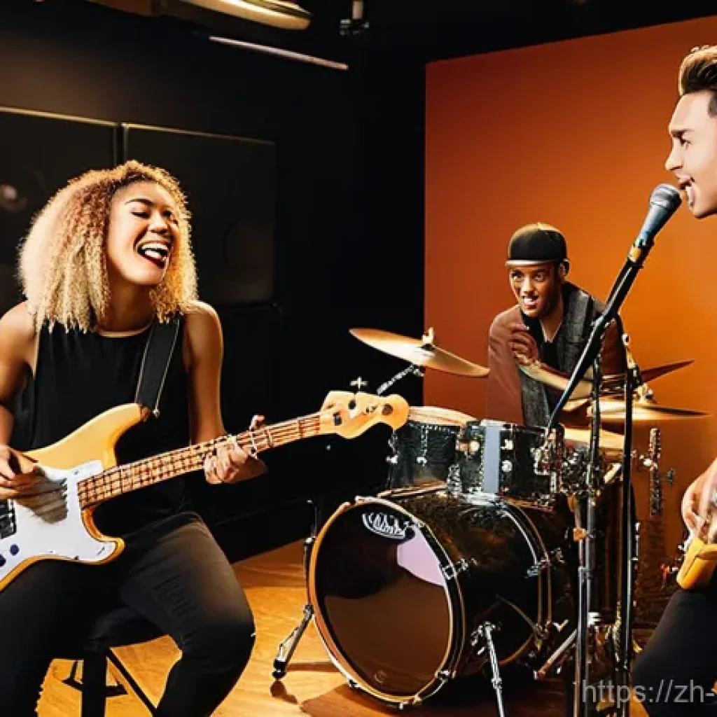 밴드 활동 준비 - **A vibrant, high-energy scene of a diverse, co-ed rock band in a professional rehearsal studio.** T...