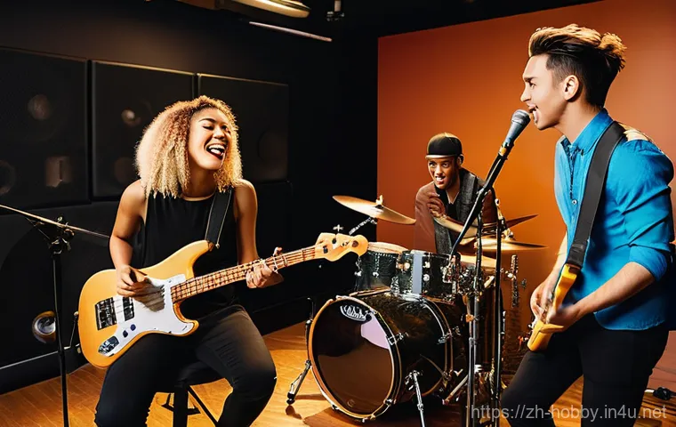 밴드 활동 준비 - **A vibrant, high-energy scene of a diverse, co-ed rock band in a professional rehearsal studio.** T...