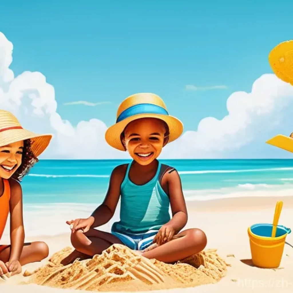독서 책 추천 - **Prompt 1:** A vibrant, sun-drenched beach scene with diverse children, aged 5-10, happily building...