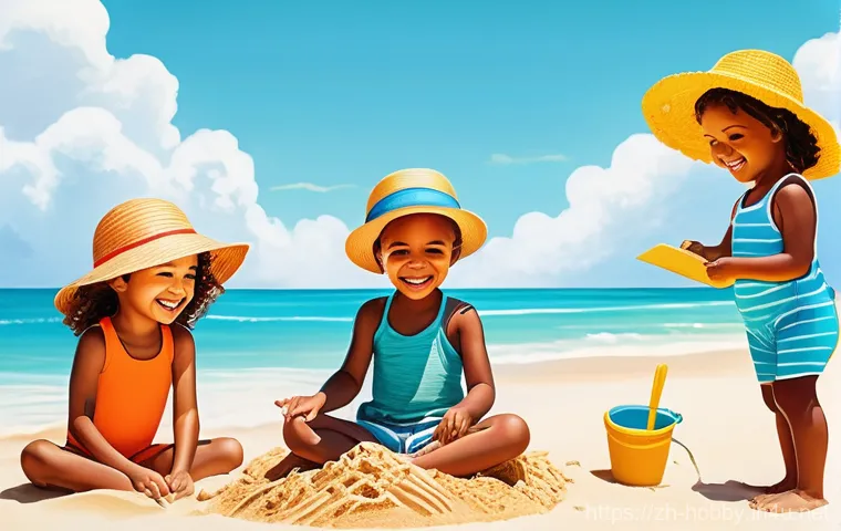 독서 책 추천 - **Prompt 1:** A vibrant, sun-drenched beach scene with diverse children, aged 5-10, happily building...