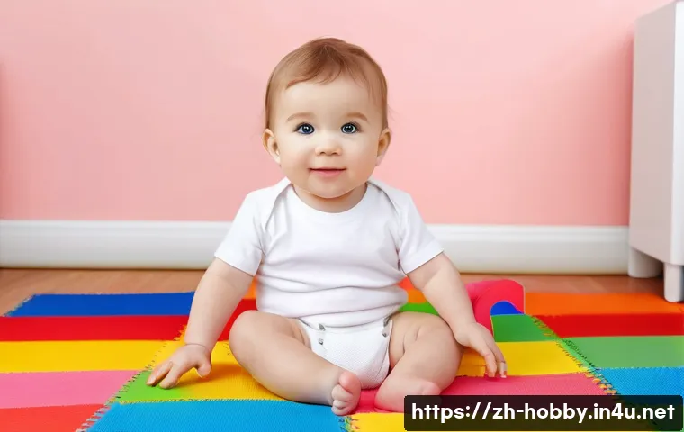 음악 장르 추천 - **A toddler, around 2 years old, wearing a clean white diaper, sitting on a colorful playmat with al...