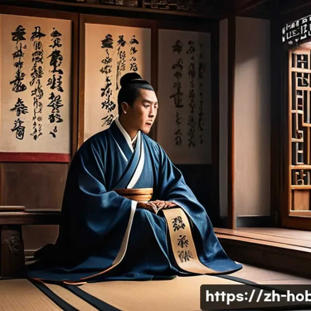 고전 문학 작품 - A classical Chinese scholar in traditional Hanfu attire, seated in an ancient study room filled with...