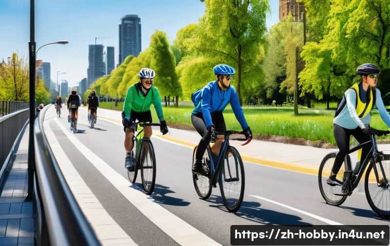 자전거 타기 - A vibrant urban cycling scene featuring a diverse group of people wearing helmets, reflective vests,...
