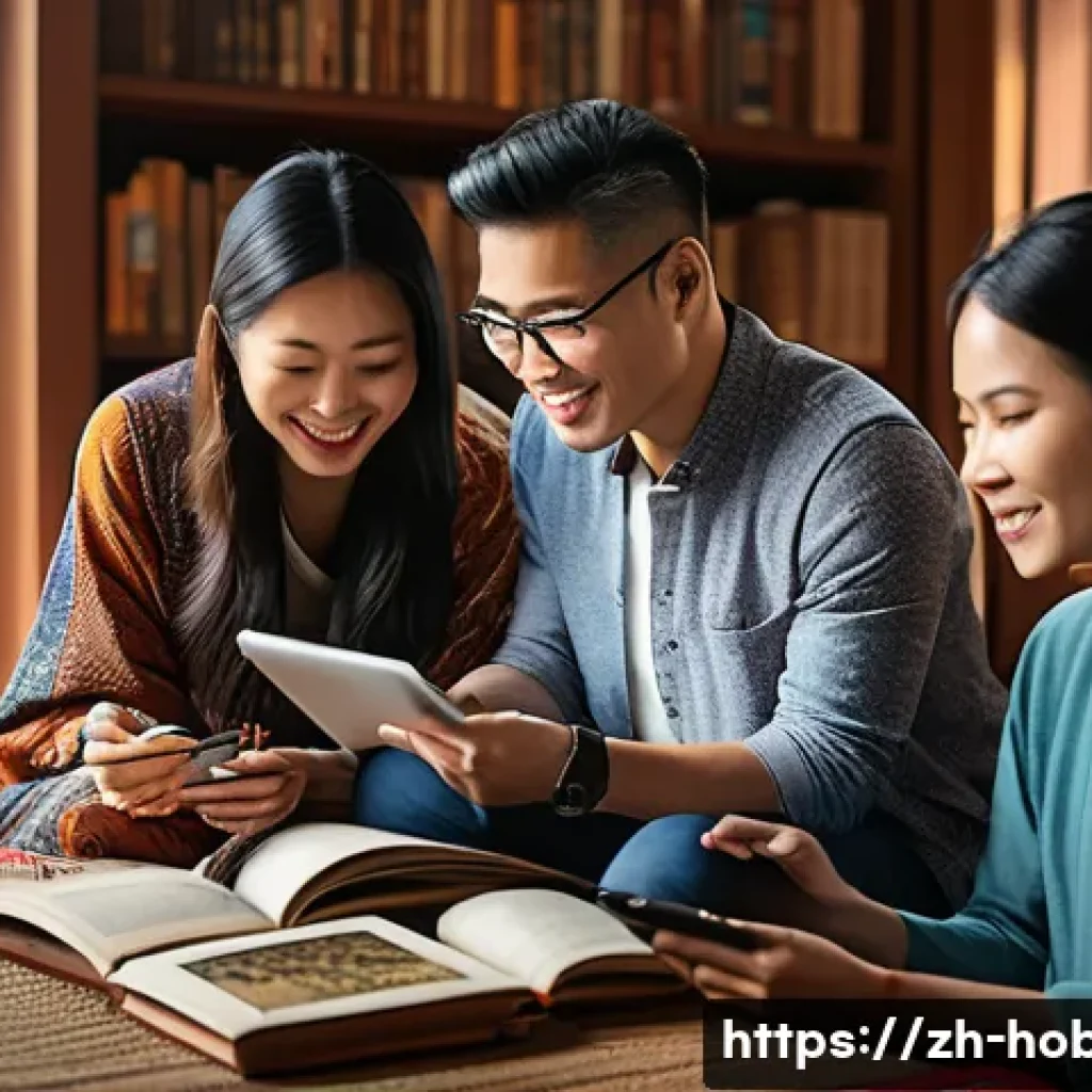 해외 자유여행 준비 - A diverse group of travelers studying a detailed travel guidebook and watching videos on a tablet in...
