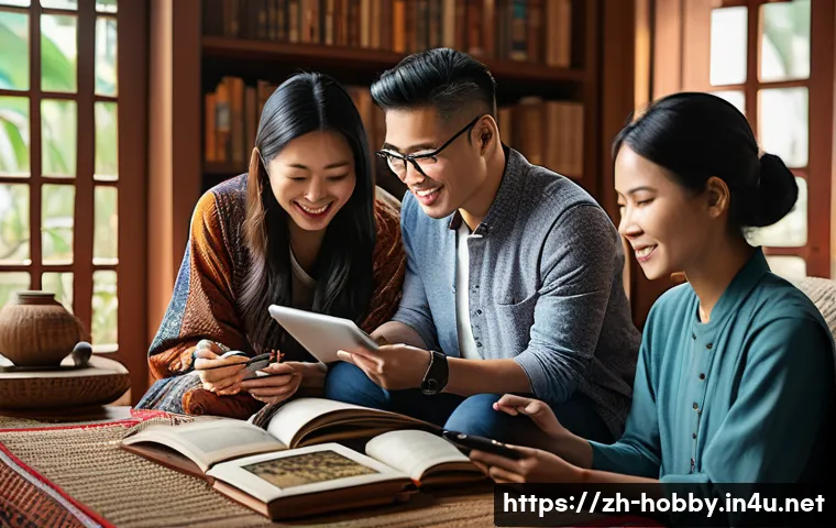 해외 자유여행 준비 - A diverse group of travelers studying a detailed travel guidebook and watching videos on a tablet in...