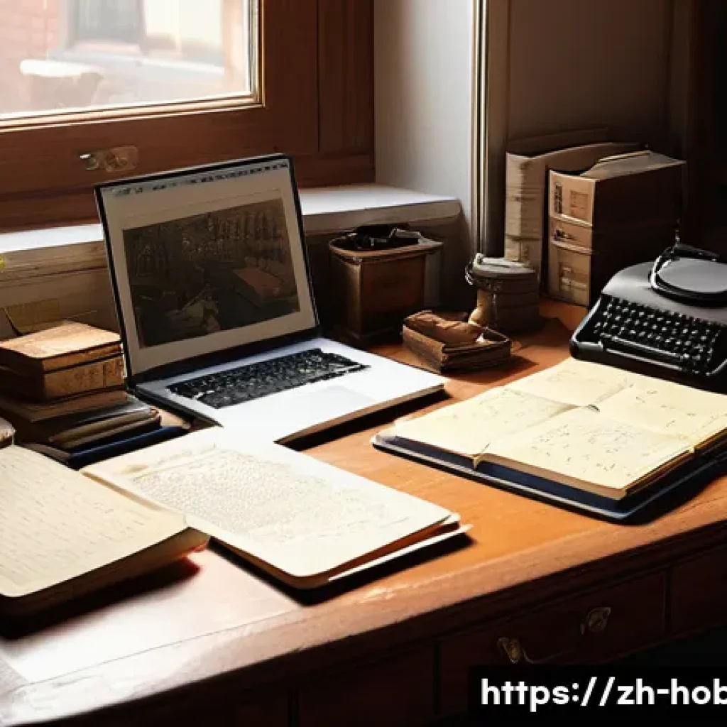 작가 인터뷰 - A cozy, softly lit writer’s study filled with cultural artifacts from various regions, showing a wri...