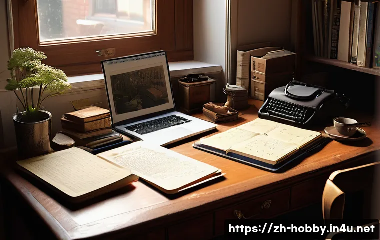 작가 인터뷰 - A cozy, softly lit writer&rsquo;s study filled with cultural artifacts from various regions, showing a wri...