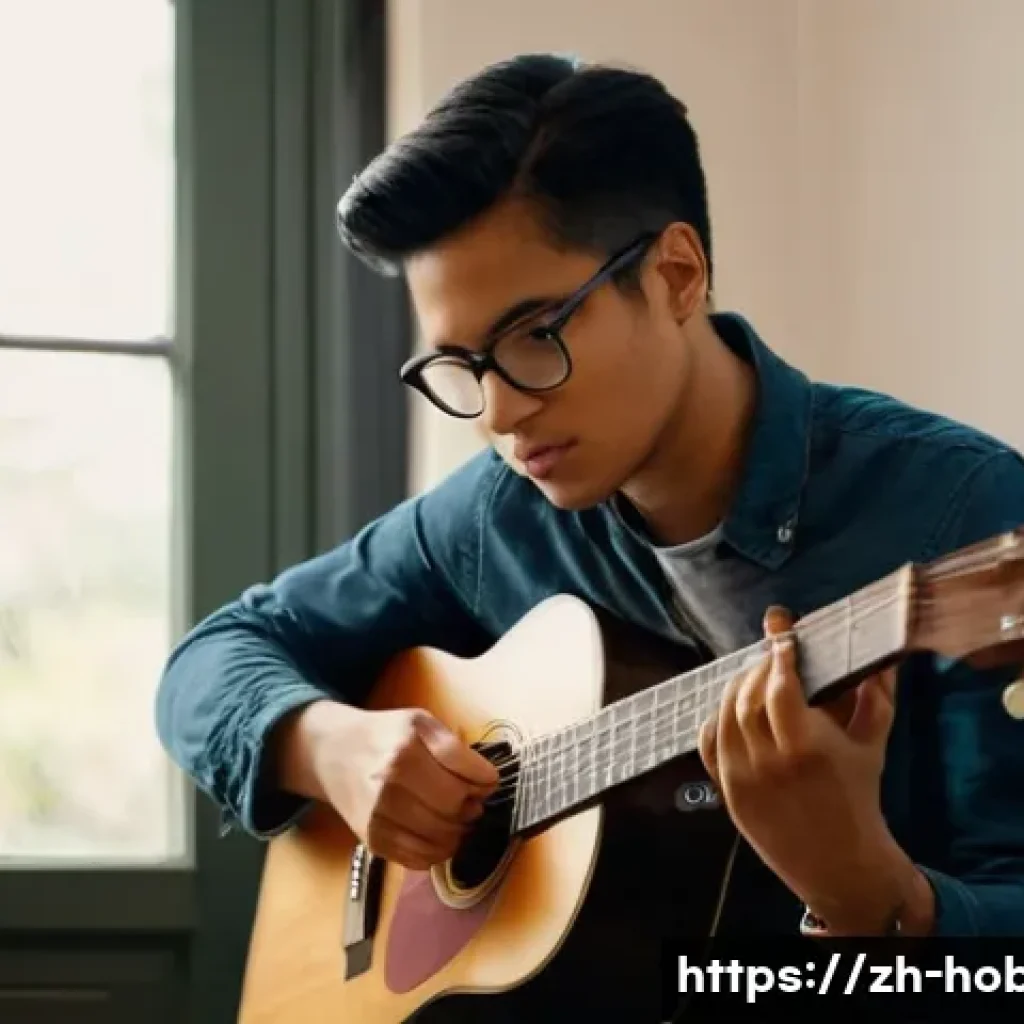 기타 배우기 - A young adult beginner guitarist practicing at home, sitting upright on a wooden chair with a slight...