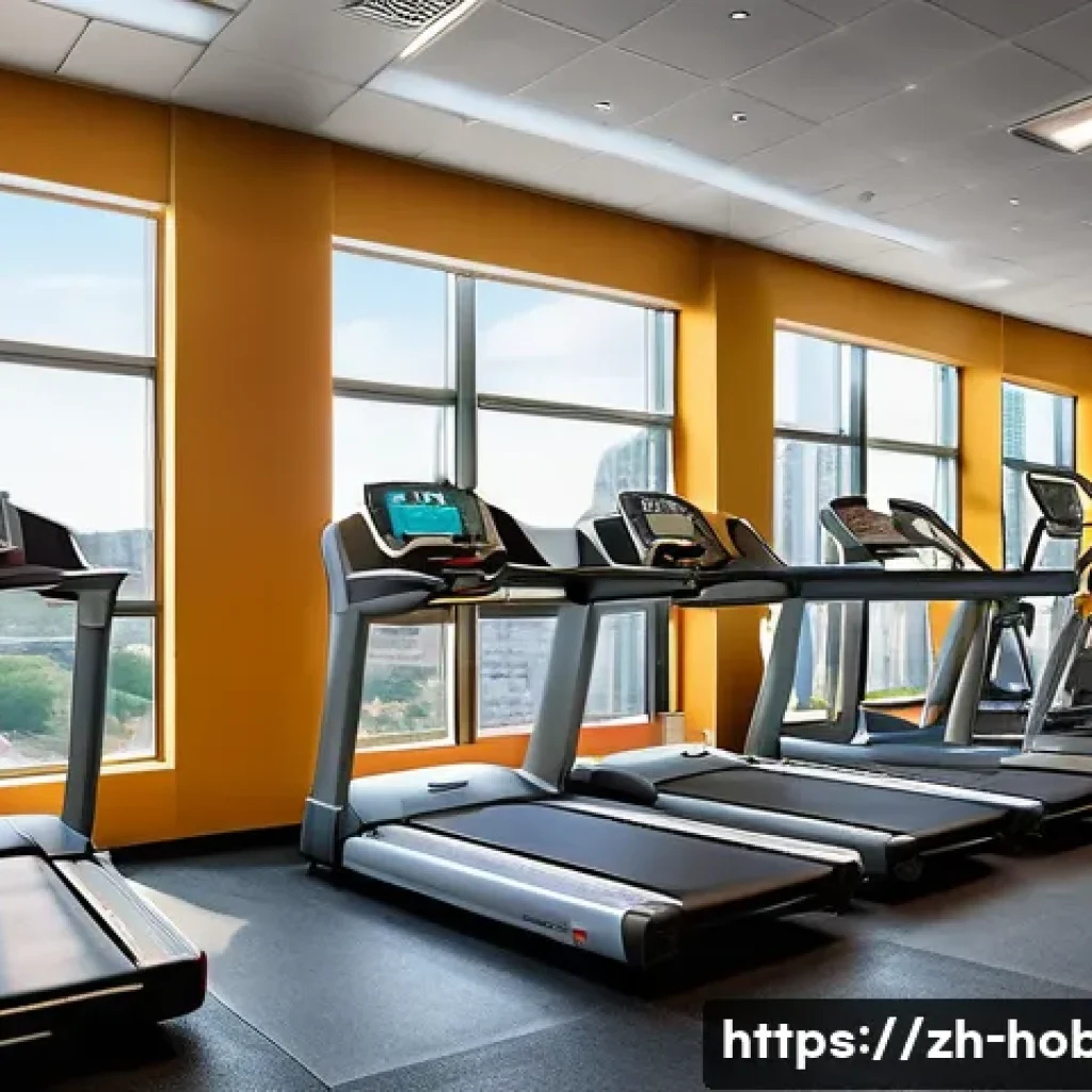 헬스장 추천 운동 - A modern, clean gym interior with bright natural lighting and spacious layout, featuring diverse, we...