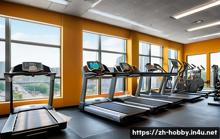 헬스장 추천 운동 - A modern, clean gym interior with bright natural lighting and spacious layout, featuring diverse, we...