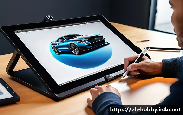 드로잉 도구 추천 - A professional digital artist&rsquo;s workspace featuring a high-end Wacom drawing tablet with a sleek, la...