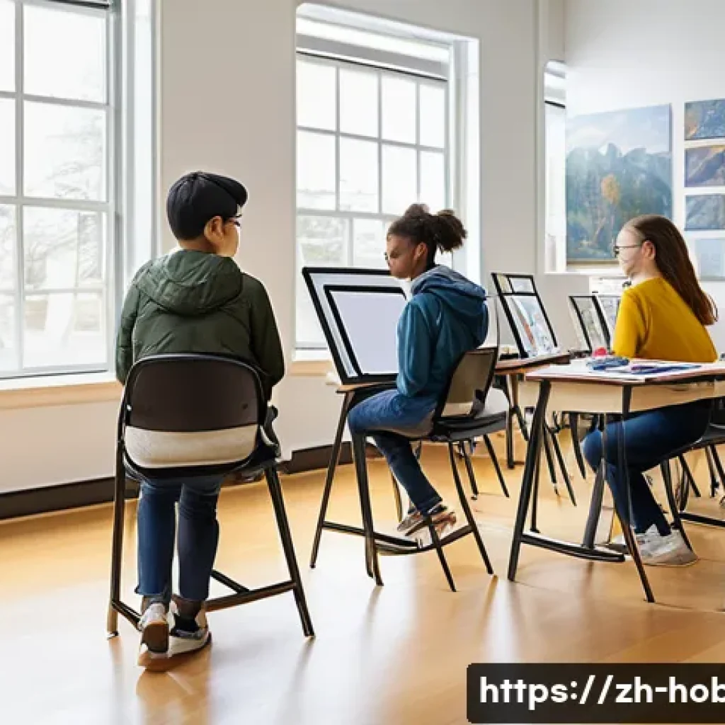 미술 학원 찾기 - A spacious, well-lit modern art classroom filled with natural sunlight streaming through large windo...