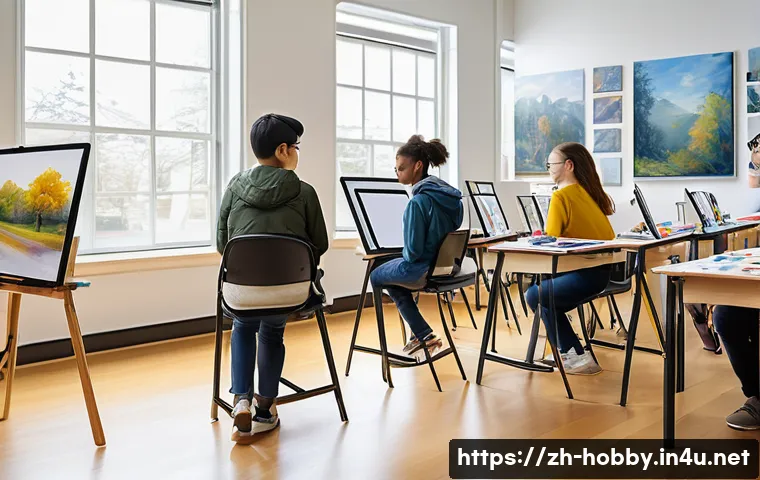 미술 학원 찾기 - A spacious, well-lit modern art classroom filled with natural sunlight streaming through large windo...