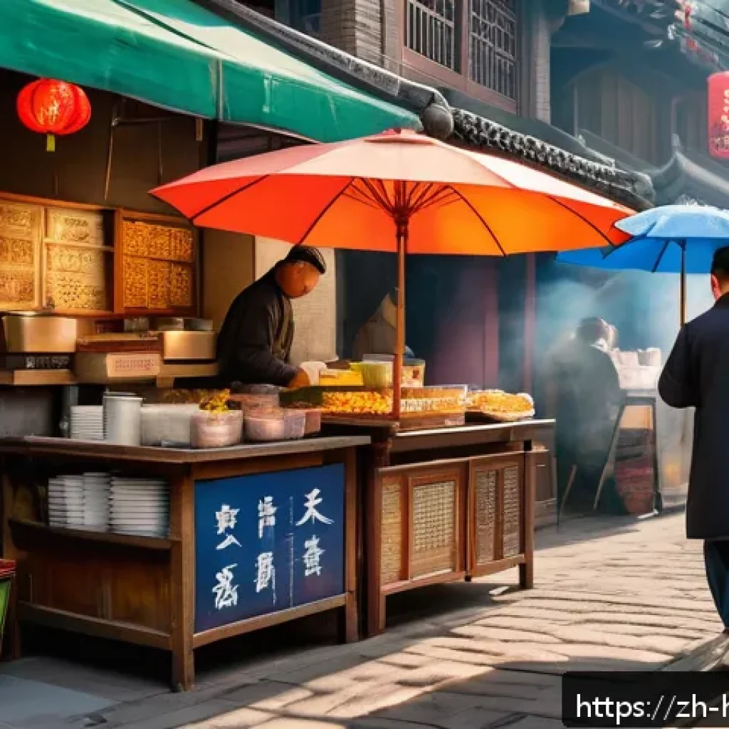 여행 블로그 작성법 - A cozy early morning street corner in a bustling Chinese city, featuring a small food stall with col...