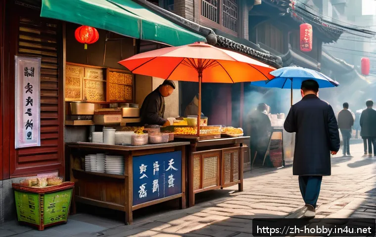 여행 블로그 작성법 - A cozy early morning street corner in a bustling Chinese city, featuring a small food stall with col...
