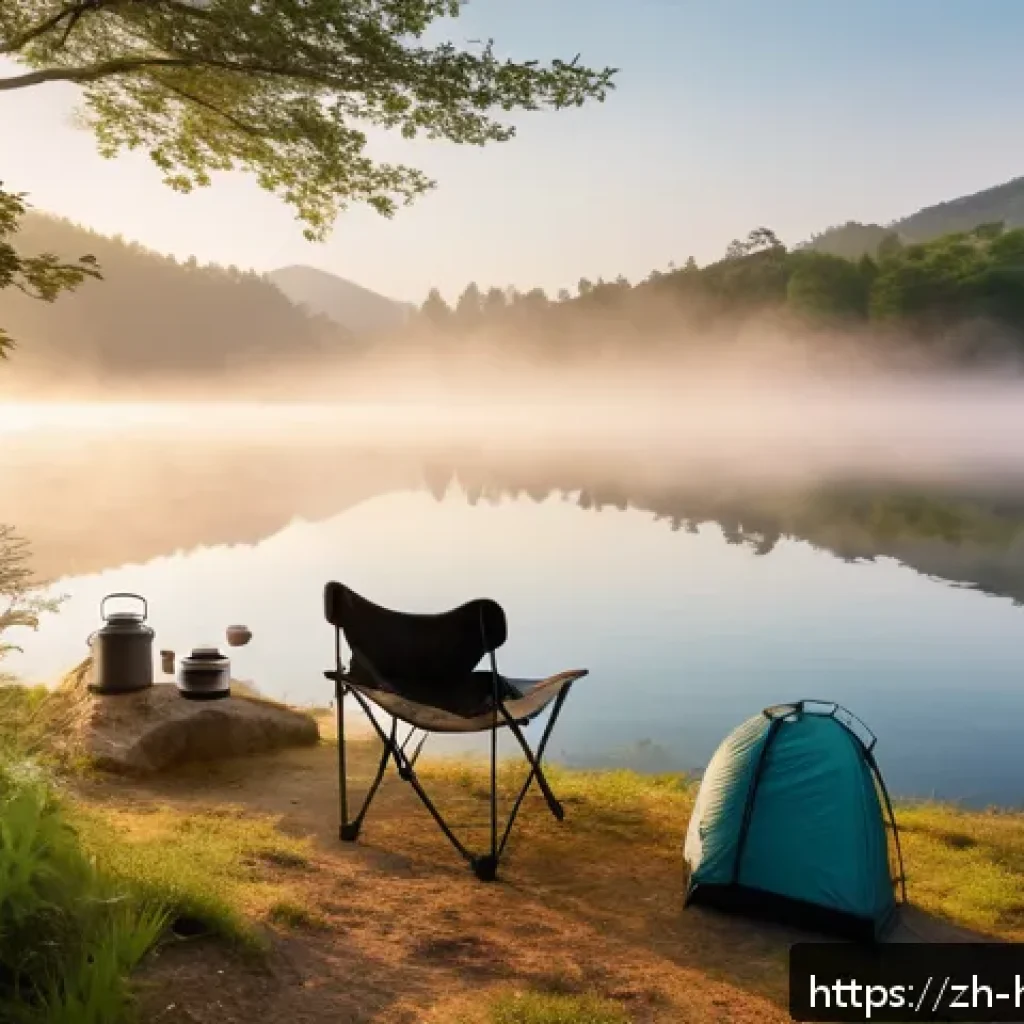 캠핑 커뮤니티 - A serene lakeside camping scene at dawn with a modern three-season tent pitched on soft, even ground...