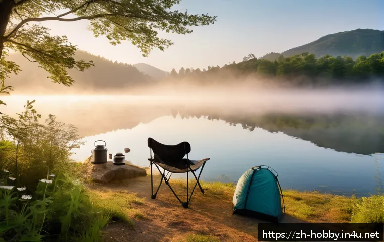 캠핑 커뮤니티 - A serene lakeside camping scene at dawn with a modern three-season tent pitched on soft, even ground...
