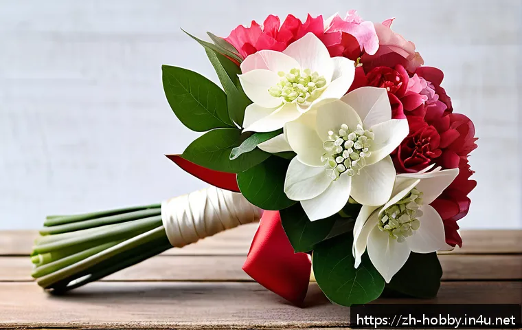 플라워 아트 - A vibrant floral bouquet featuring complementary colors of bright red and soft pink flowers, accente...