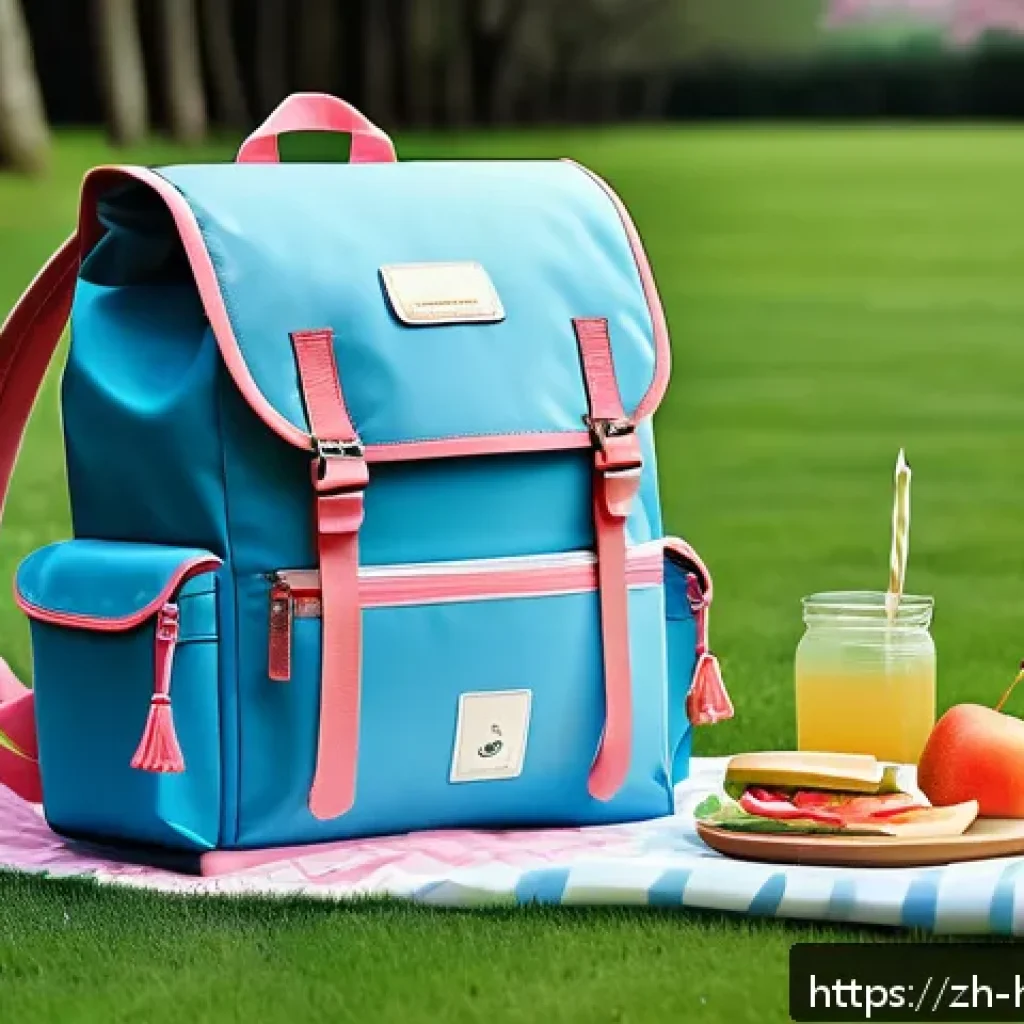 피크닉 가방 - A stylish spring picnic scene featuring a waterproof picnic bag made of durable PVC material with a ...