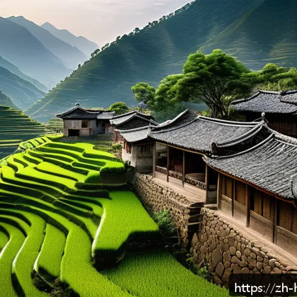 백패킹 여행지 추천 - A tranquil remote mountain village in Yunnan surrounded by lush green peaks, traditional stone house...