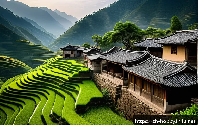 백패킹 여행지 추천 - A tranquil remote mountain village in Yunnan surrounded by lush green peaks, traditional stone house...