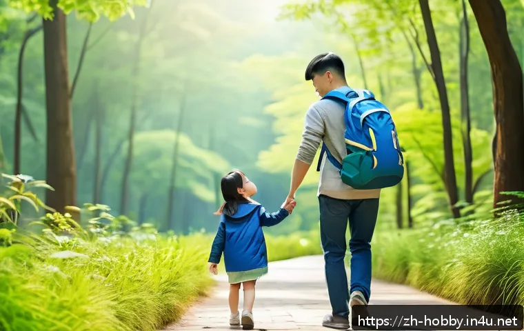 아이들과 함께하는 여행 - A cheerful family enjoying a relaxed day at a scenic forest park in China, with a mother and father ...