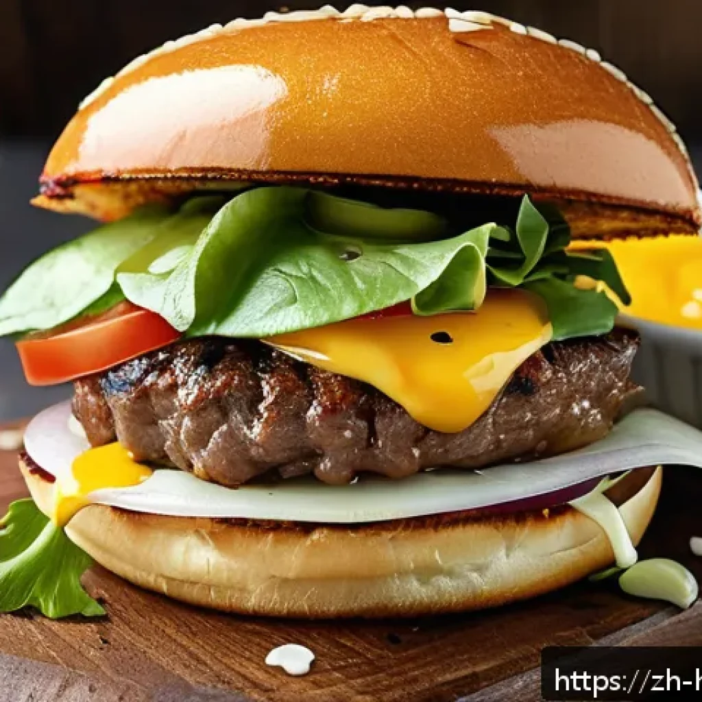 수제 햄버거 만들기 - A close-up image of a gourmet hamburger assembly featuring a perfectly cooked beef patty with 15-20%...