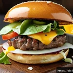 수제 햄버거 만들기 - A close-up image of a gourmet hamburger assembly featuring a perfectly cooked beef patty with 15-20%...