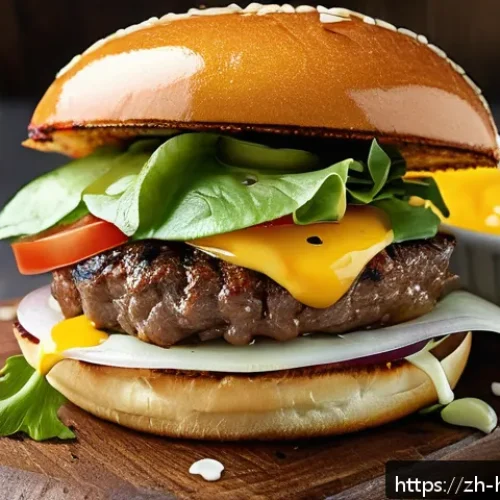 수제 햄버거 만들기 - A close-up image of a gourmet hamburger assembly featuring a perfectly cooked beef patty with 15-20%...