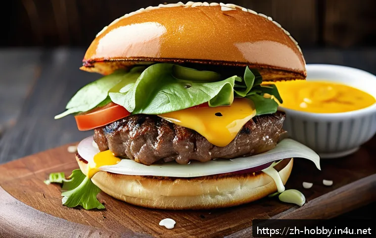 수제 햄버거 만들기 - A close-up image of a gourmet hamburger assembly featuring a perfectly cooked beef patty with 15-20%...