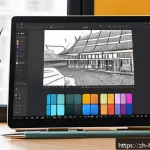 디지털 페인팅 도구 - A modern digital artist workspace featuring a sleek tablet with a stylus, surrounded by vibrant scre...