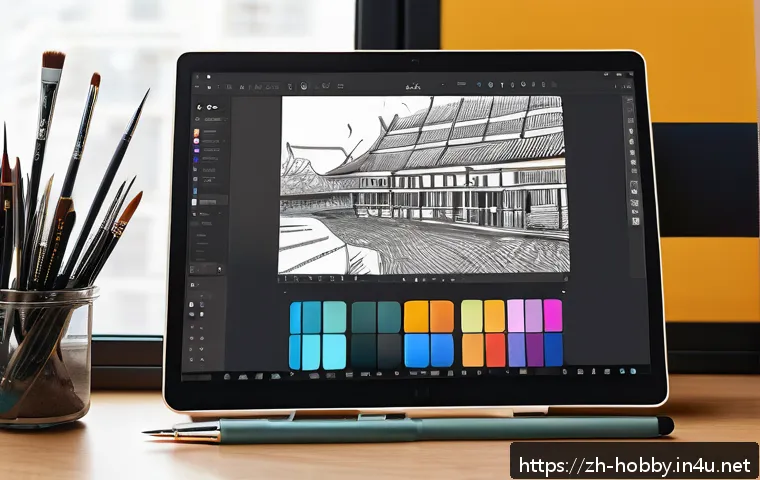 디지털 페인팅 도구 - A modern digital artist workspace featuring a sleek tablet with a stylus, surrounded by vibrant scre...