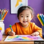 색칠 공부 아이디어 - A joyful young child wearing colorful clothes and a diaper, sitting at a wooden table filled with an...