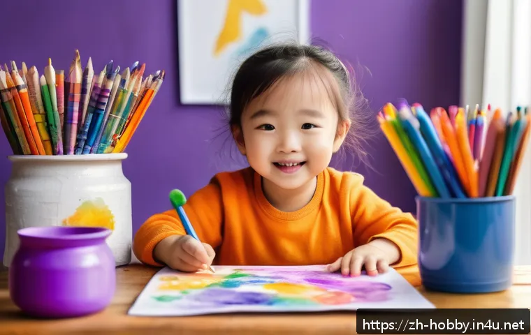 색칠 공부 아이디어 - A joyful young child wearing colorful clothes and a diaper, sitting at a wooden table filled with an...