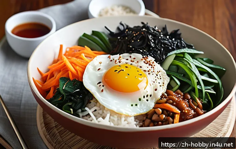 간단한 한식 요리 - A vibrant and colorful Korean bibimbap bowl featuring neatly sliced fresh vegetables like spinach, j...
