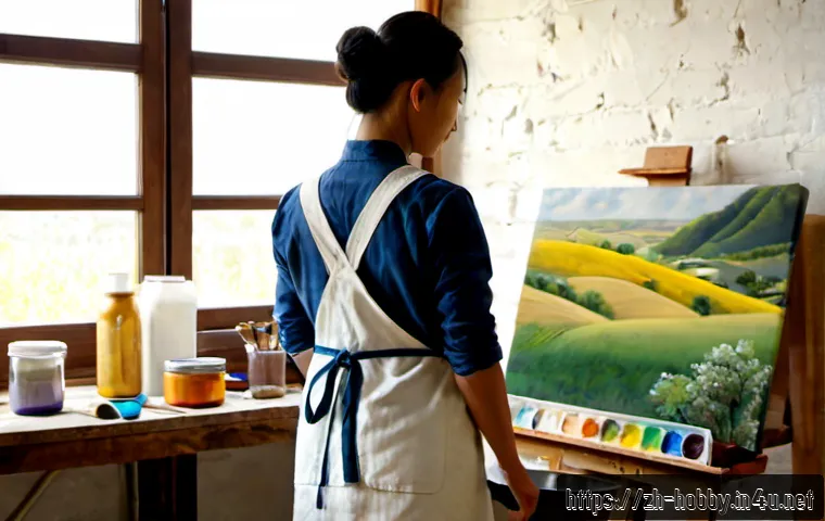 유화 작품 제작 - Photorealistic scene of a professional artist creating an oil painting in a sunlit loft studio, thre...