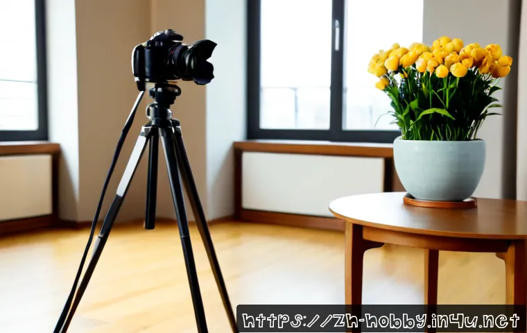 실내 사진 촬영 - Photorealistic indoor lifestyle photography setup in a bright modern apartment, a camera on tripod a...