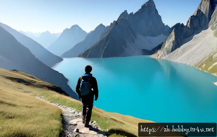 트레킹 여행지 - Photorealistic wide landscape of a lone hiker in practical outdoor clothing walking along a clear mo...
