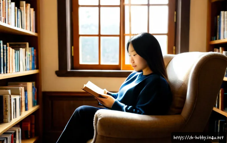 소설 추천 - Photorealistic cozy home library scene, an adult reader thoughtfully choosing between two distinct h...