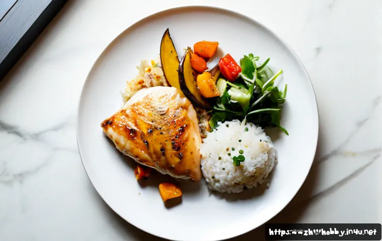 간단한 저녁 요리 레시피 - Photorealistic overhead view of a simple weeknight dinner: golden pan-seared chicken breast, roasted...